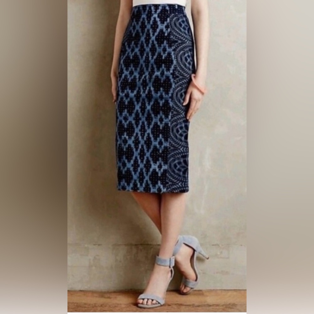 Tracy Reese plenty for Anthropologie printed denim Ikat Patterned Pencil Skirt